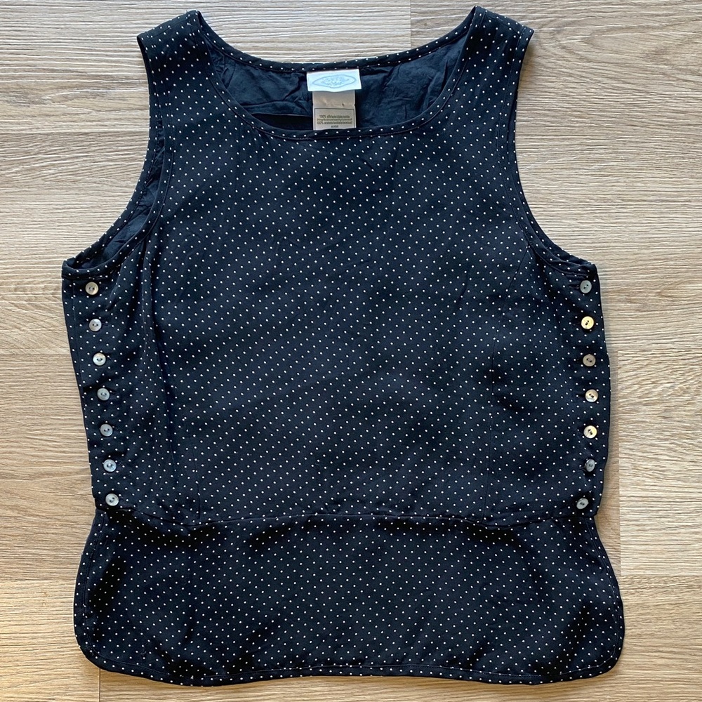 Laura Ashley Silk Polka Dot Tank Top Button Detail Black White Blouse Size 8